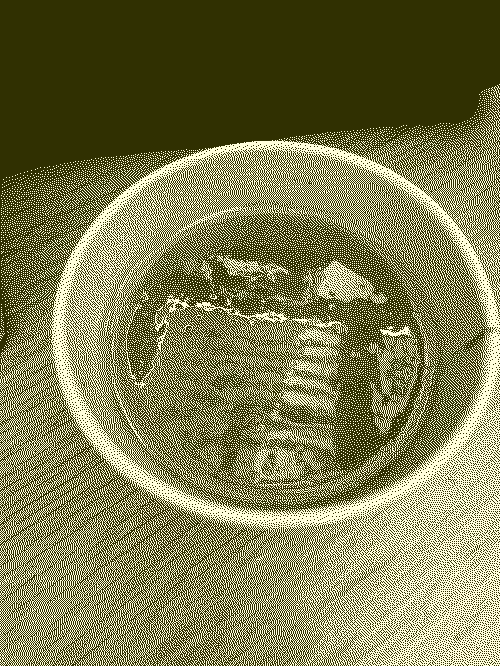 dithered image of an adorable 6 oz paper cup filled with blazing hot pho broth