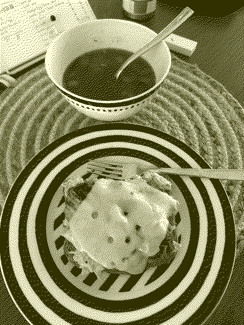dithered image of an open face cheesy sandwich on tuna with kimchi, on a plate that looks like a bulls-eye, and a bowl of lentil soup