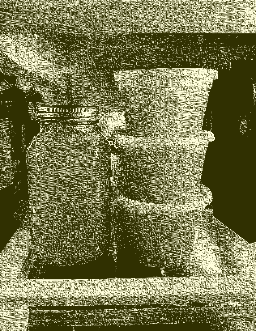 dithered image of multiple containers of chicken stock in a fridge