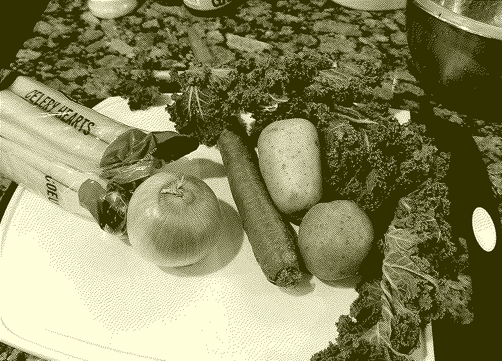 dithered image of vegetables on a chopping board