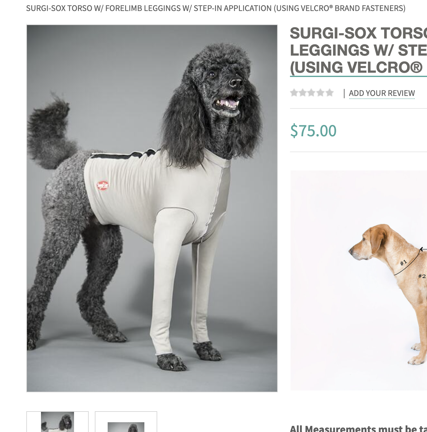 Screenshot of a product image for Surgi-sox featuring a grey standard poodle wearing what appears to be a Spandex shirt with forelimb sleeves