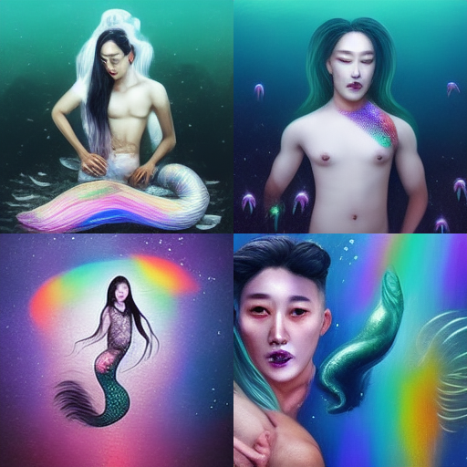 An AI-generated image with four panels, all of different variations of an androgynous Korean mermaid under the sea