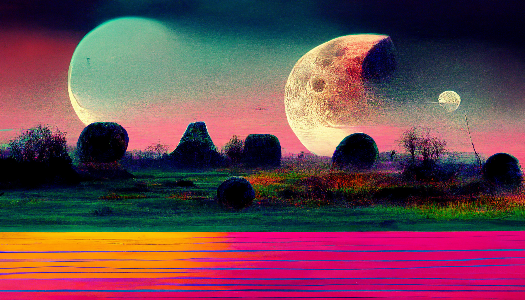A fourth AI-generated image of a dreamy 80s landscape, this one with three moons, and some boulders and trees in the foreground in silhouette
