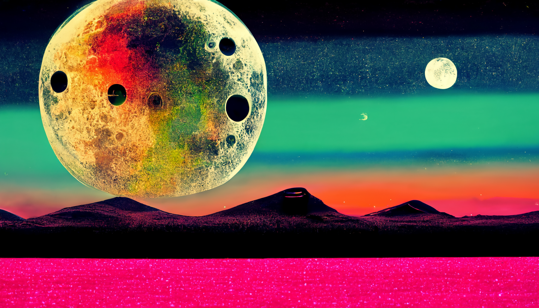 An AI-generated image of a dreamy 80s landscape with one giant moon in the foreground and one smaller moon in the background