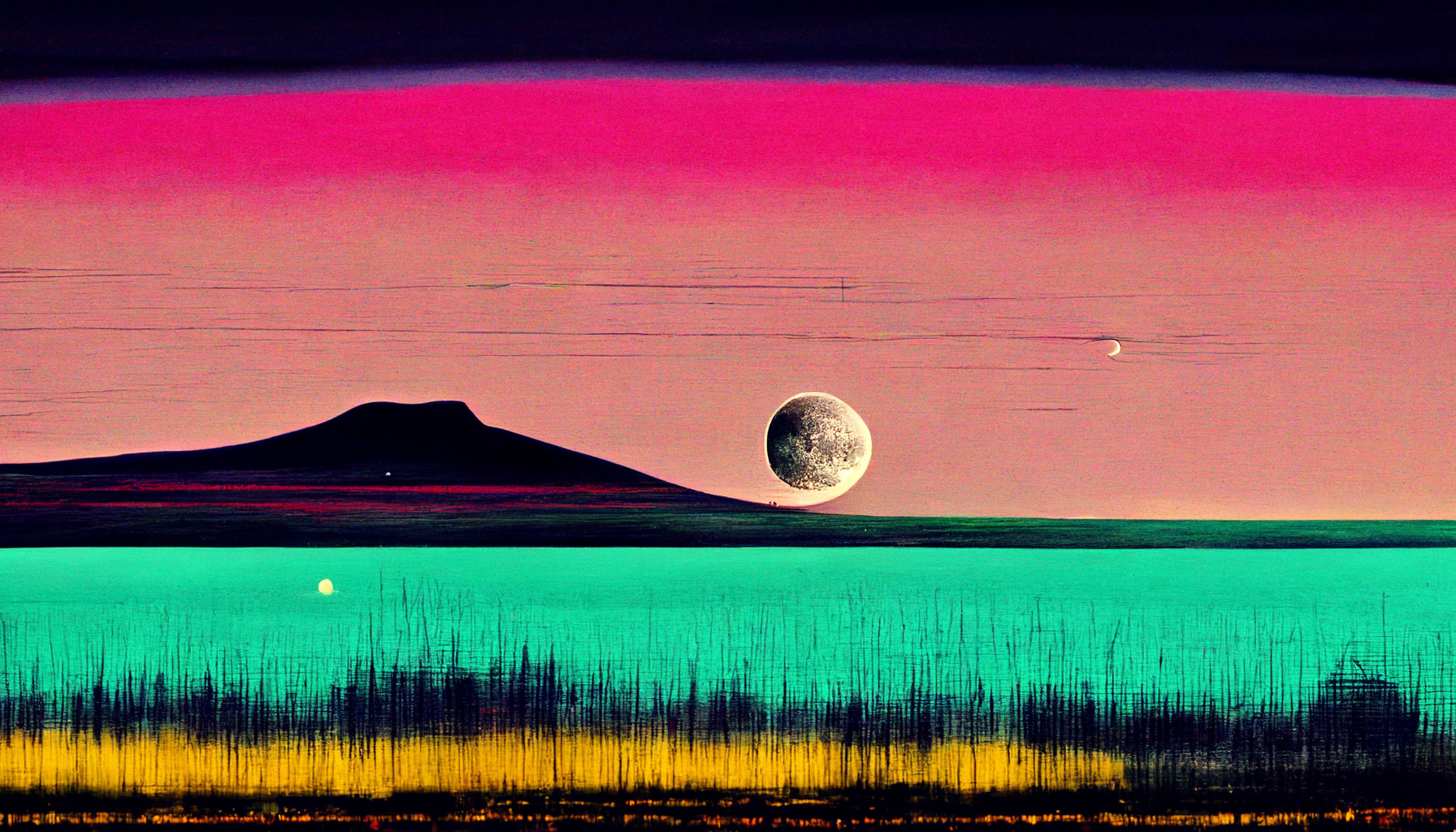 Another AI-generated image of a dreamy 80s landscape with a mountain (maybe a volcano?) in the distance