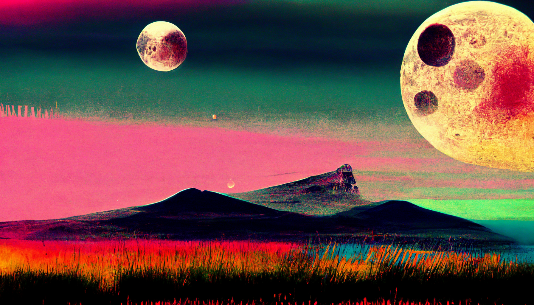 A third AI-generated image of a dreamy 80s landscape with two moons