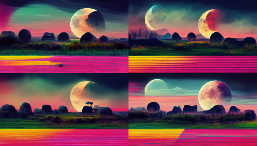 A four-paneled image of four similar dreamy 80s landscapes