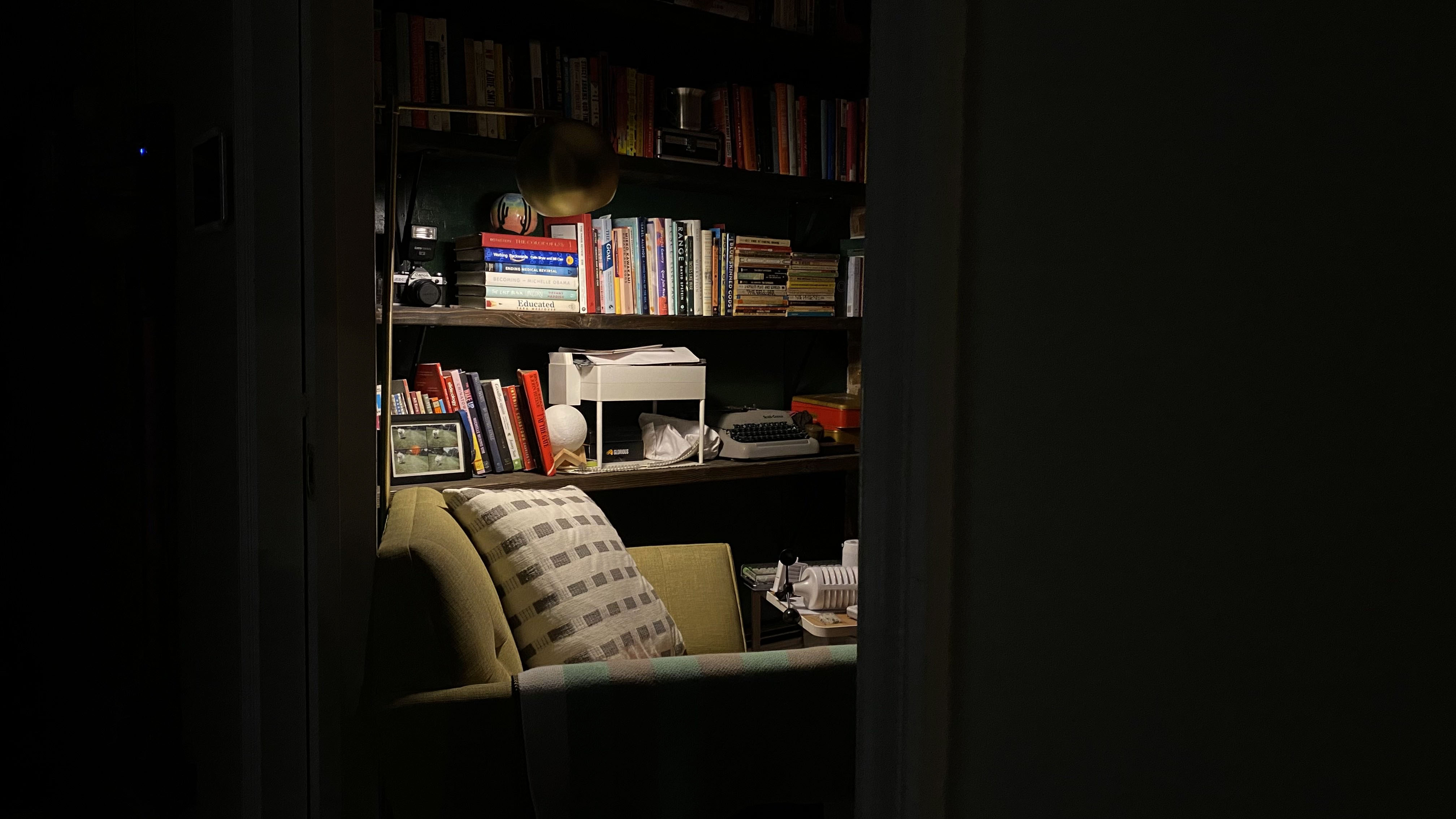 A dimly-lit office with a wall of bookshelves and a green armchair
