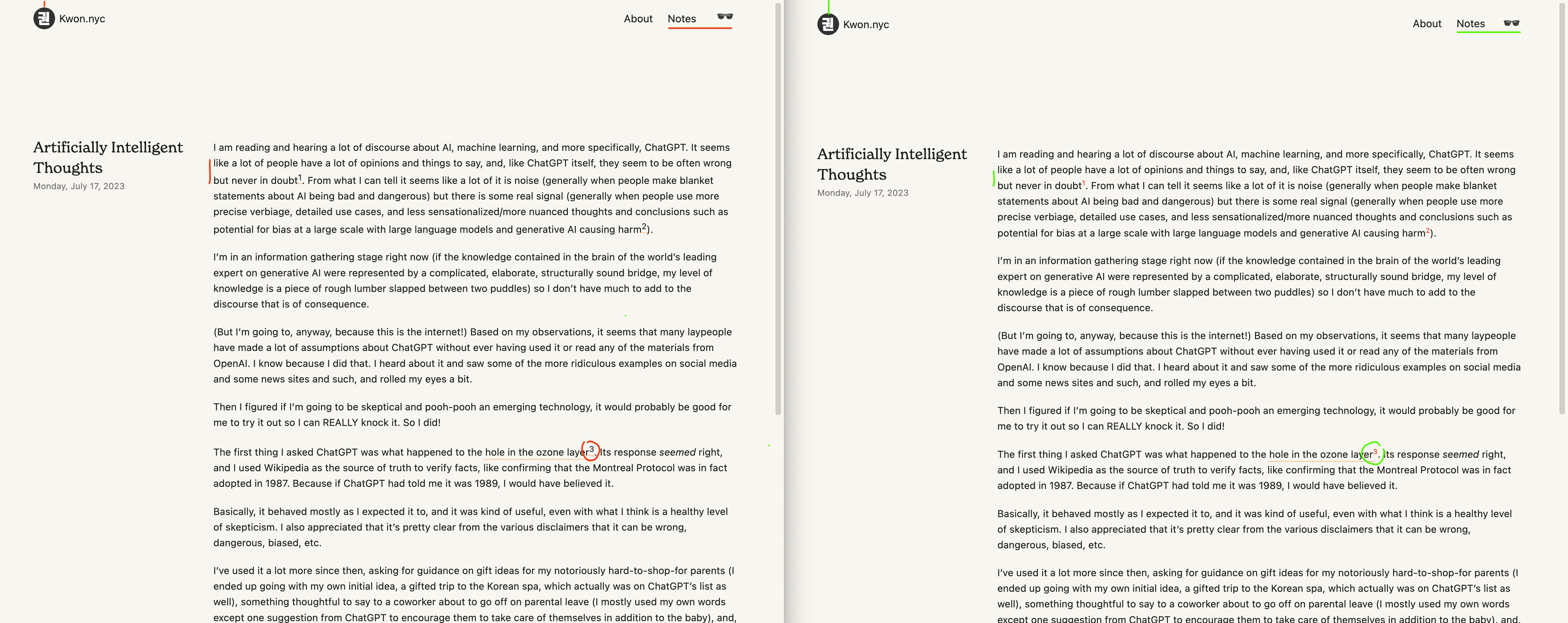 Side by side view of this webpage before and after minor CSS tweaks