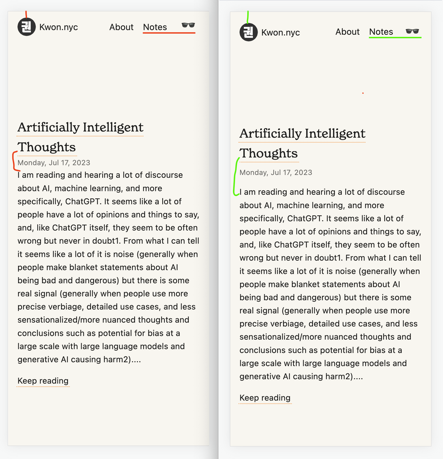 Side by side view of this webpage before and after minor CSS tweaks