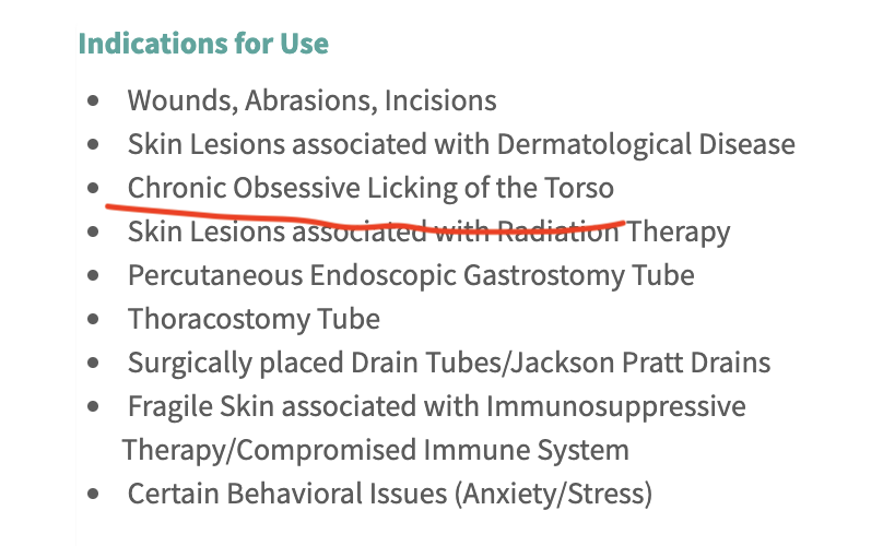 Screenshot of a list of indications for use from the Surgi-sox website. The first three list items are Wounds, Abrasions, Incisions; Skin Lesions associated with Dermatological Disease; and Chronic Obsessive Licking of the Torso.