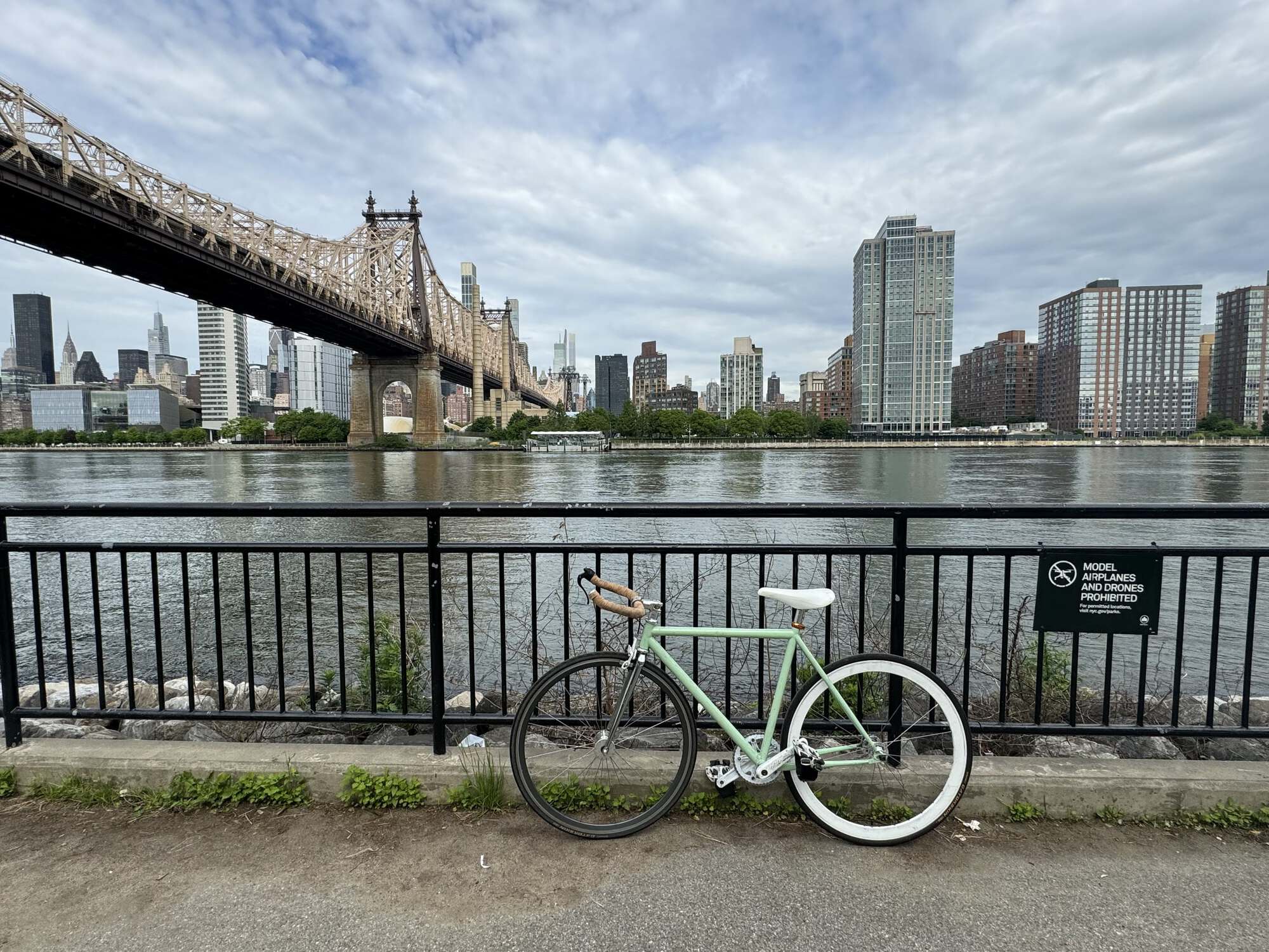 Green track bike against a fence in the foreground, the East River and various buildings on Roosevelt Island in the background, with the Queensboro bridge stretching out on the left