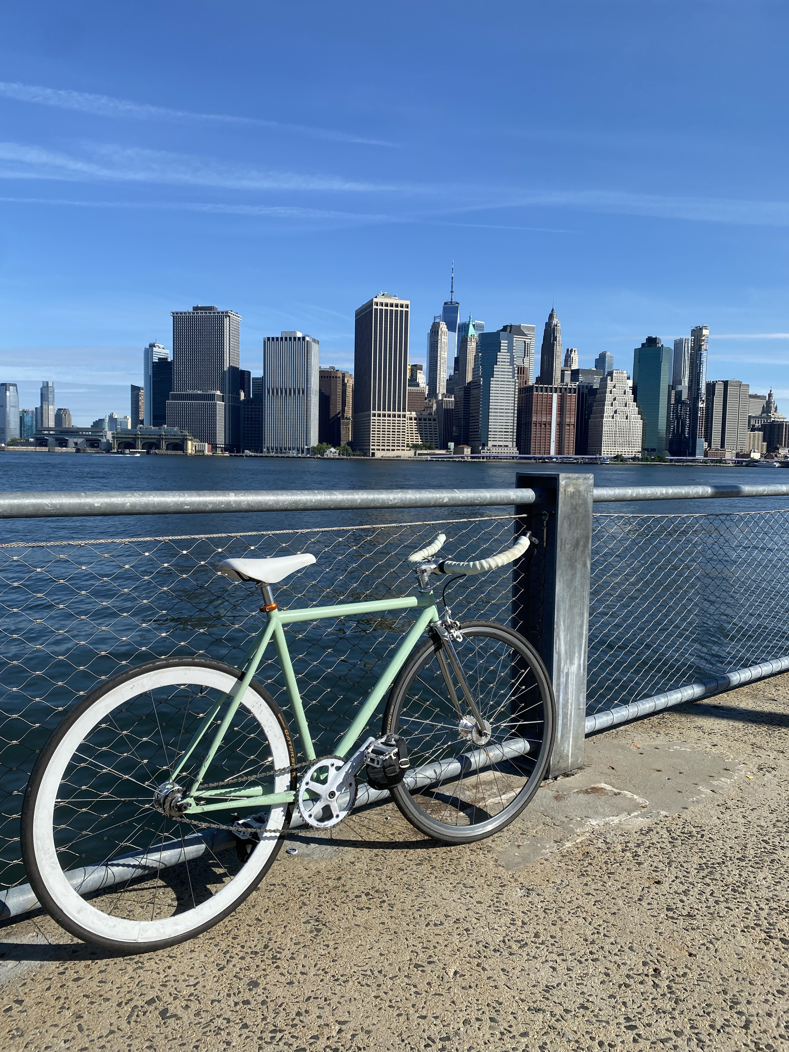 A portrait-oriented shot of my bicycle, a track bike with a mint green frame, set against a backdrop of the lower Manhattan skyline. The sky is blue