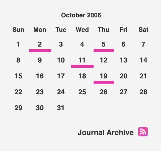 Screenshot of a monthly calendar view from October 2006 showing 4 posts written that month